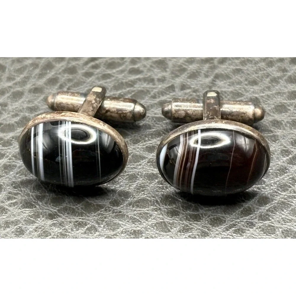 Vintage Sterling Silver 925 Black Brown White Banded Agate Oval Cufflinks